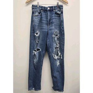 American Eagle Curvy Mom Blue Jeans Women's Size 8 Distressed Destroyed Stretch